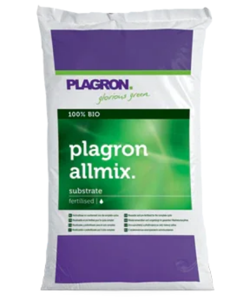 Plagron Allmix organic fertilized substrate bag with green and purple design for gardening