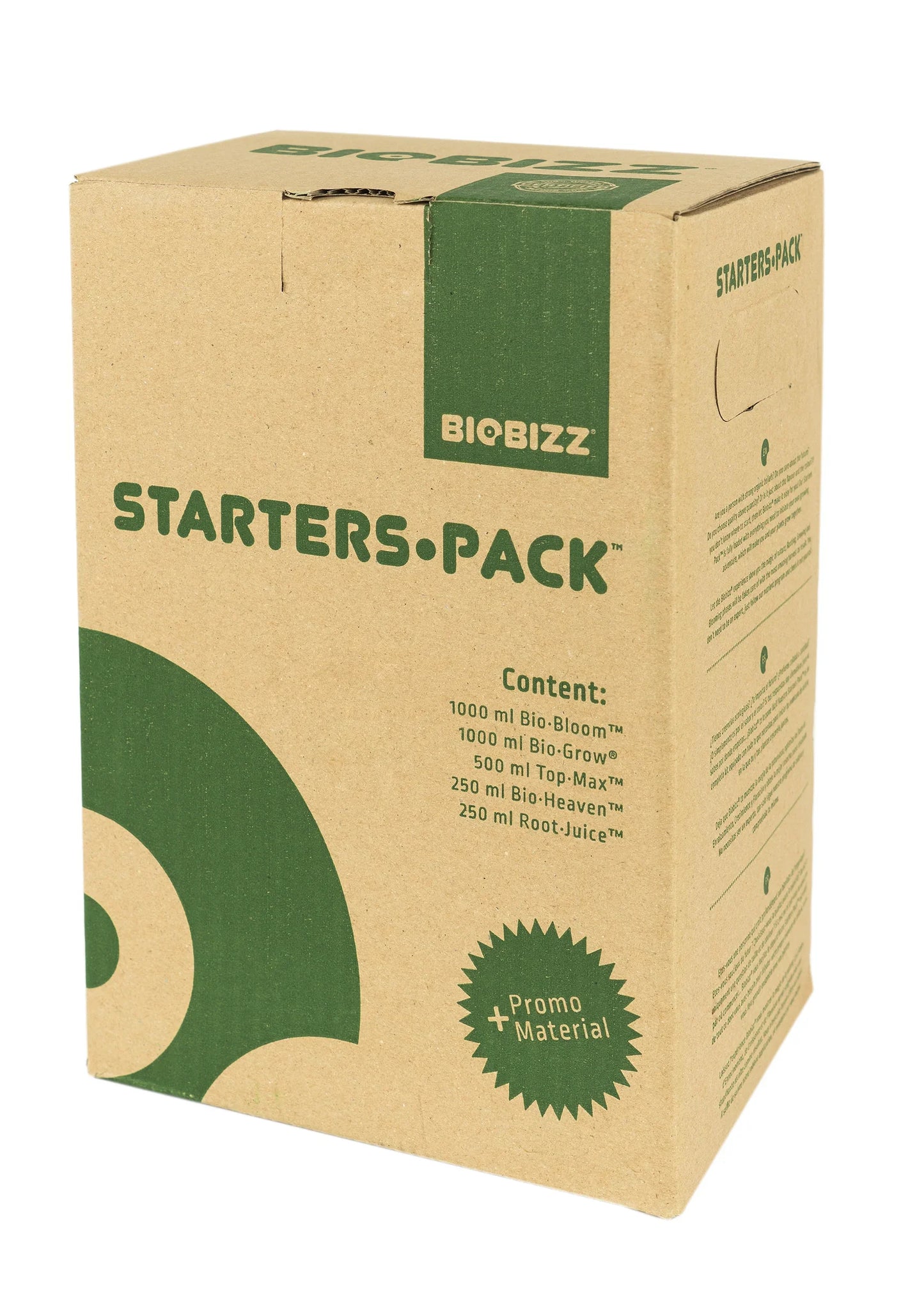 BioBizz Starters Pack box with organic plant nutrients and promo material