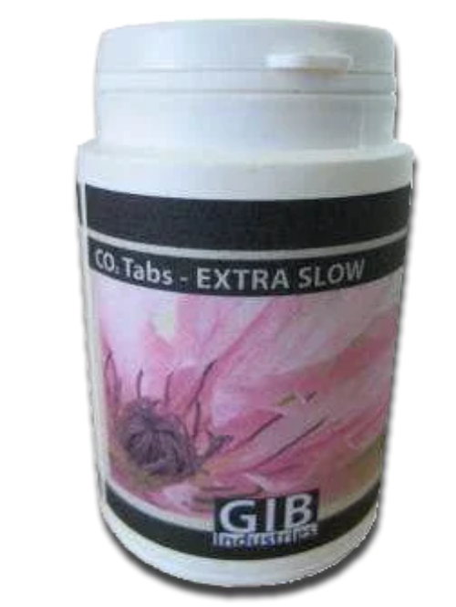 White bottle of GIB Industries CO₂ Tabs Extra Slow with pink flower label for aquarium use