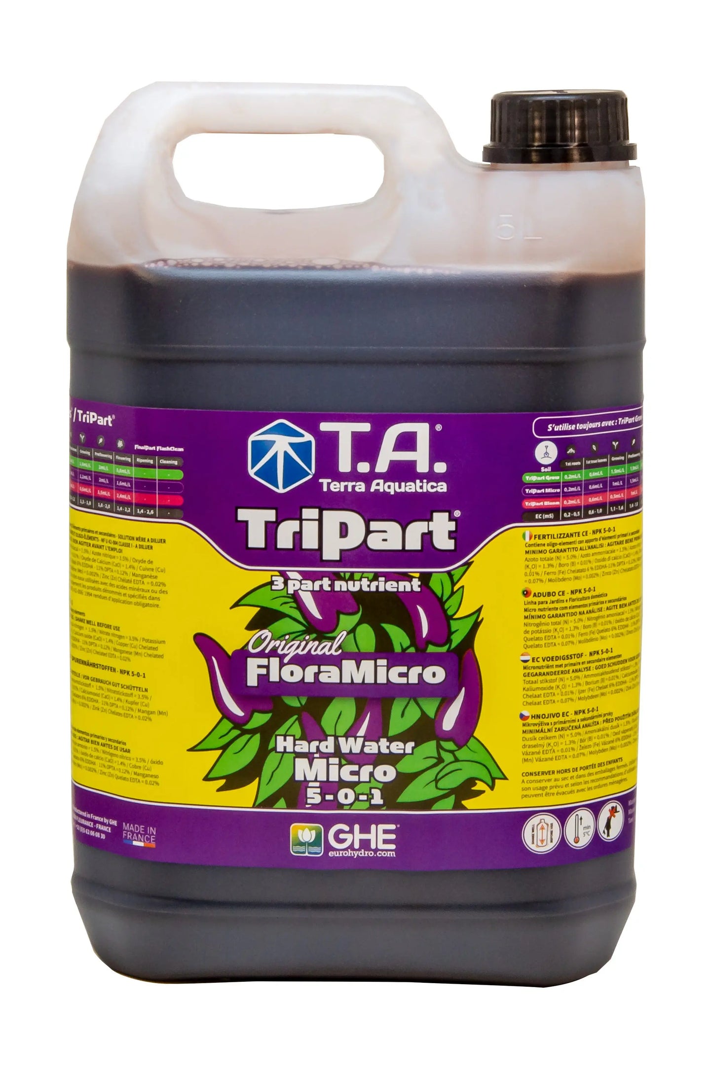 5L container of T.A. Terra Aquatica TriPart Original FloraMicro Hard Water Micro nutrient solution