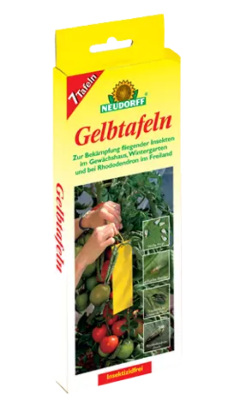 Neudorff yellow sticky insect trap strips packaging with tomatoes and green plants background