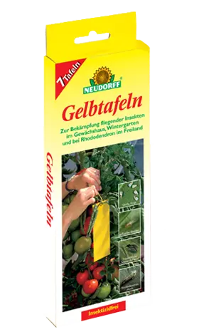 Neudorff yellow sticky insect trap strips packaging with tomatoes and green plants background