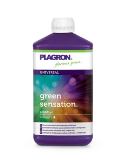 Plagron Green Sensation universal additive booster bottle with purple cap and colorful label