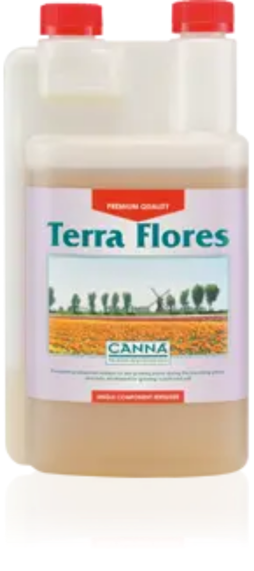 Terra Flores Canna plant nutrient in beige plastic container with red cap
