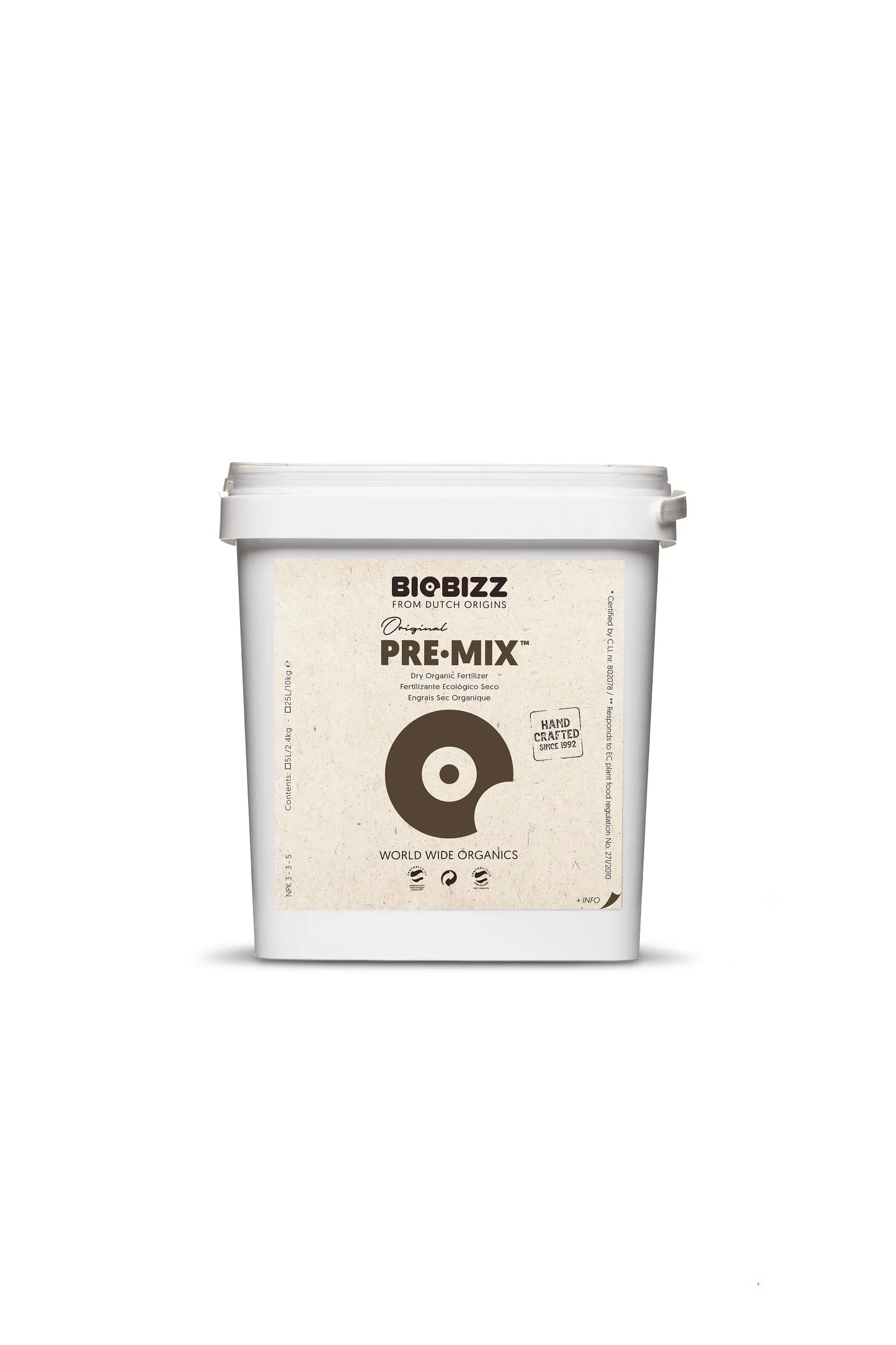 White container of BioBizz Original Pre-Mix dry organic fertilizer with beige label