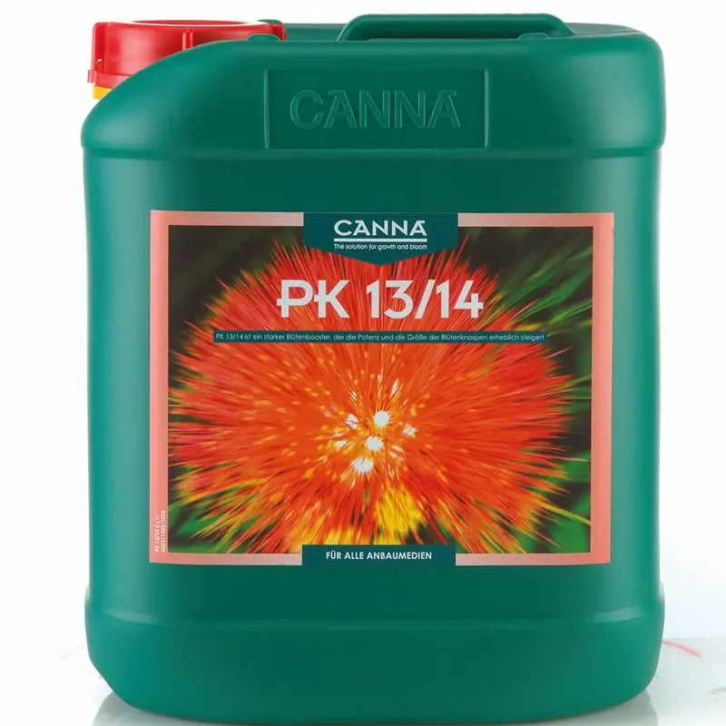 Green CANNA PK 13/14 5L container with red cap and bright floral label for plant nutrient booster