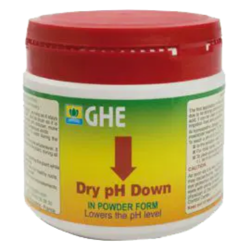 Container of GHE Dry pH Down powder with red lid and yellow label lowering pH level
