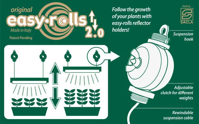 Easy-Rolls 2.0 plant reflector holder with suspension hook, adjustable clutch, and rewindable cable for indoor gardening