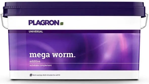 Plagron Mega Worm additive substrate complement in a purple and white container with handle