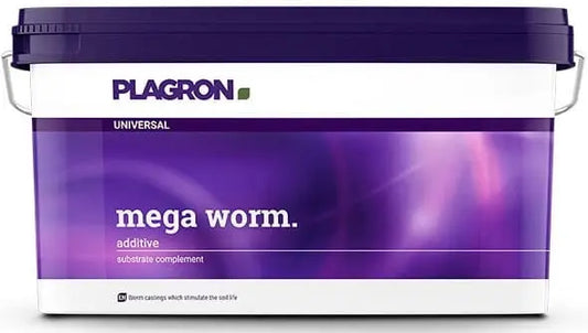 Plagron Mega Worm additive substrate complement in a purple and white container with handle