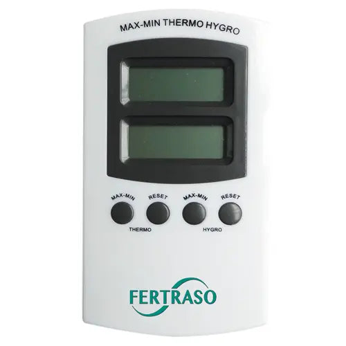 FERTRASO MAX-MIN thermo hygrometer with dual LCD displays and control buttons for temperature and humidity