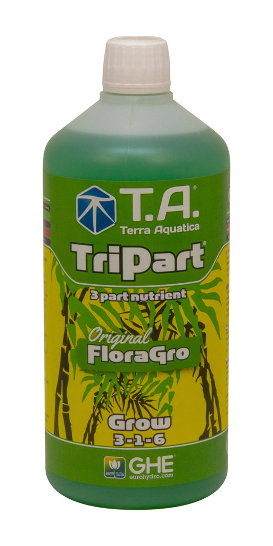 Bottle of T.A. Terra Aquatica TriPart Original FloraGro plant nutrient fertilizer, 1L