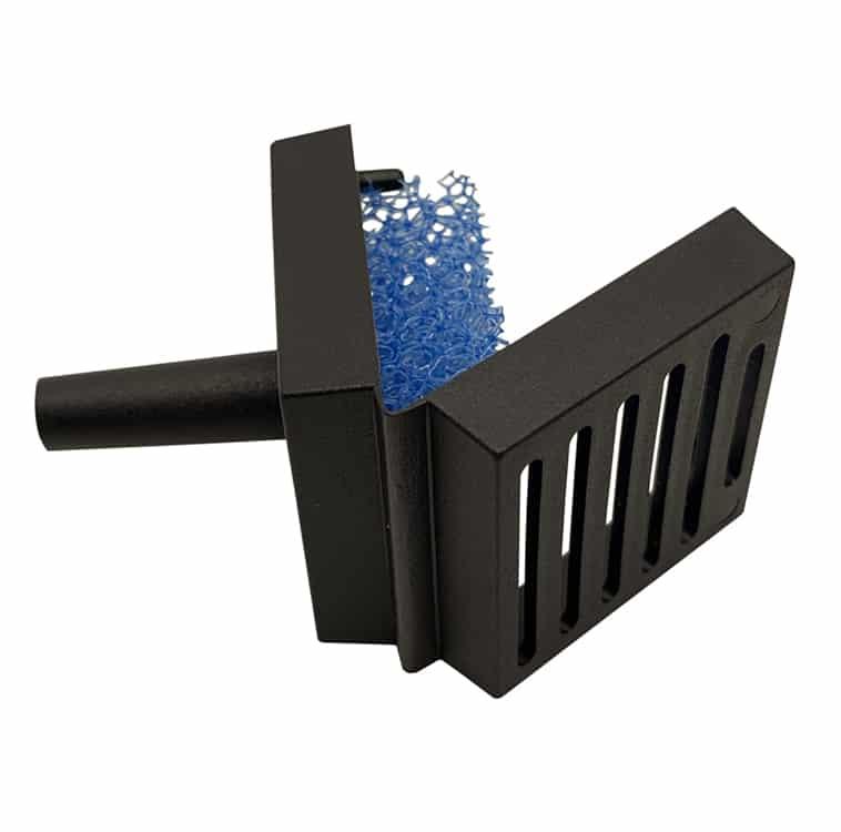 Black aquarium filter intake with blue foam filter and slotted cover on white background
