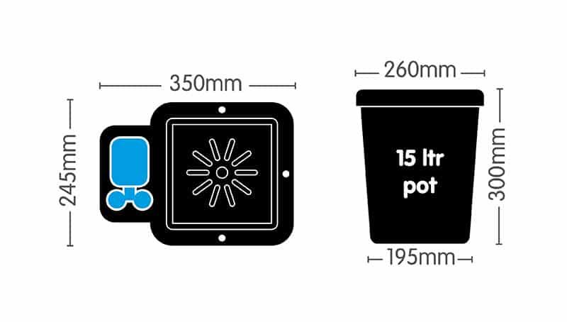 Diagram of AutoPot 1Pot system showing 15L pot dimensions and water flow components