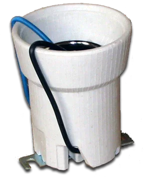 White E40 lamp socket holder with black and blue electrical wires attached, isolated on transparent background
