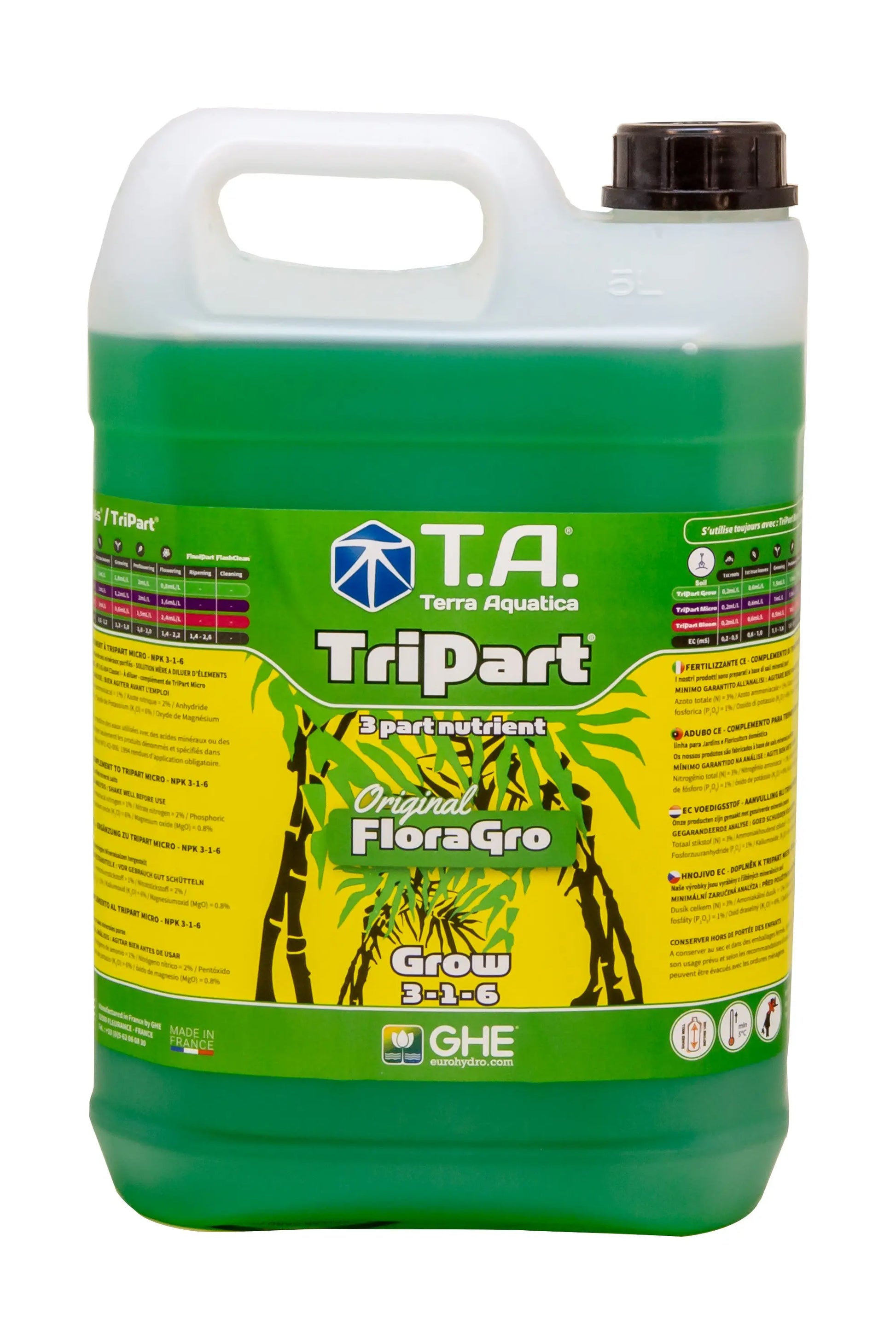 5L green container of T.A. Terra Aquatica TriPart FloraGro Grow 3-1-6 nutrient solution