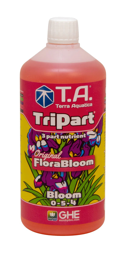 T.A. Terra Aquatica TriPart Original FloraBloom 1-liter bloom nutrient fertilizer bottle with purple flower design