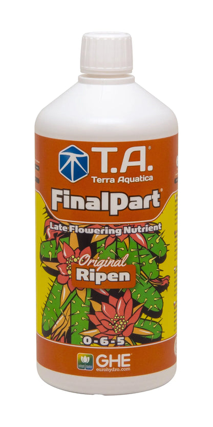 Bottle of T.A. Terra Aquatica FinalPart Original Ripen late flowering nutrient fertilizer with cactus flower design