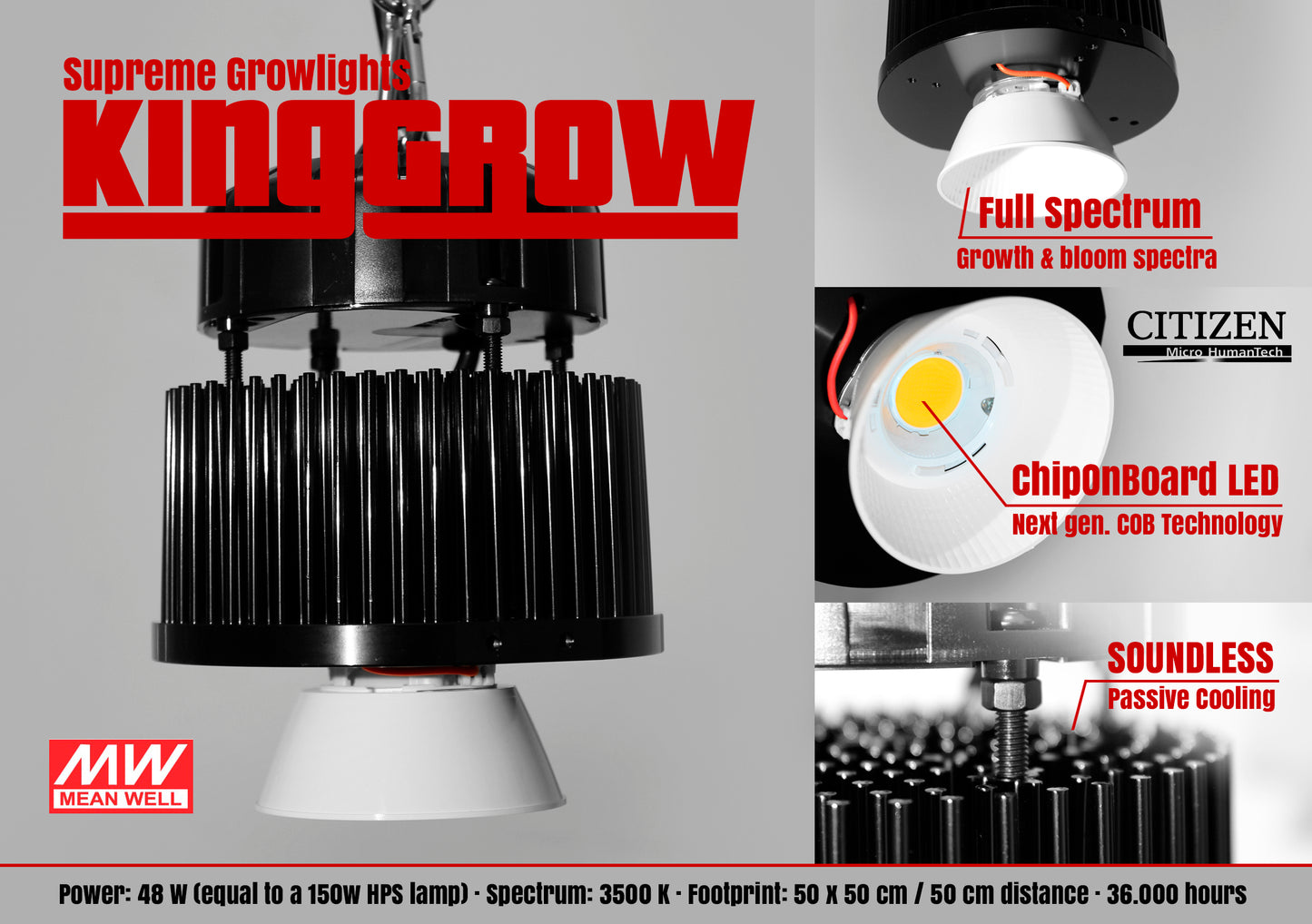 King-Grow 48W COB LED grolys - GreyGreen Growshop