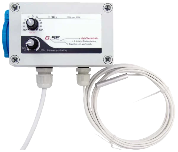 G.SE digital fan controller with temperature sensor probe and adjustable speed settings