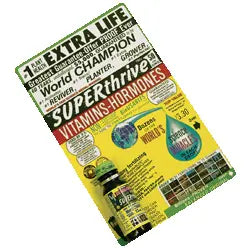 SuperThrive plant vitamin and hormone concentrate bottle with promotional flyer featuring gardening benefits