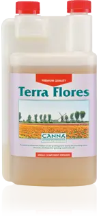 Terra Flores Canna plant nutrient in beige plastic container with red cap