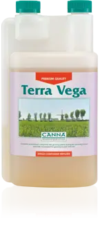 Terra Vega CANNA plant nutrient bottle with field and tree label, green cap