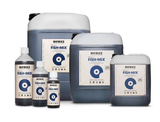 Various sizes of Biobizz Fish-Mix organic liquid fertilizer bottles and containers