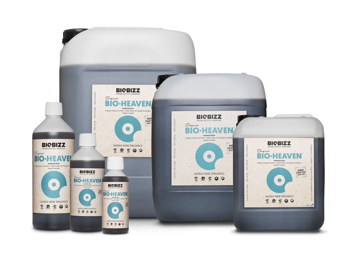 Biobizz Bio-Heaven organic energy fertilizer bottles and containers in various sizes