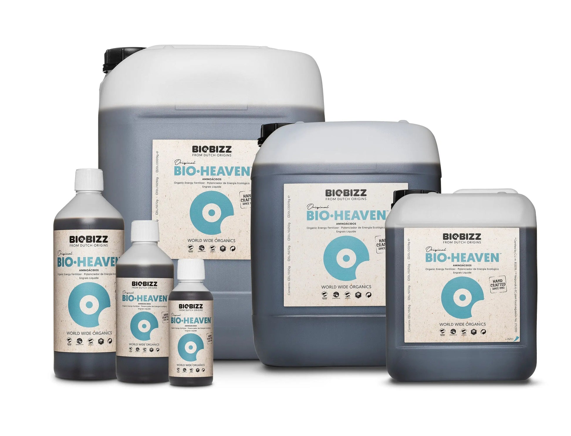 Biobizz Bio-Heaven organic energy fertilizer bottles and containers in various sizes