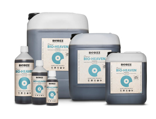 Biobizz Bio-Heaven organic energy fertilizer bottles and containers in various sizes