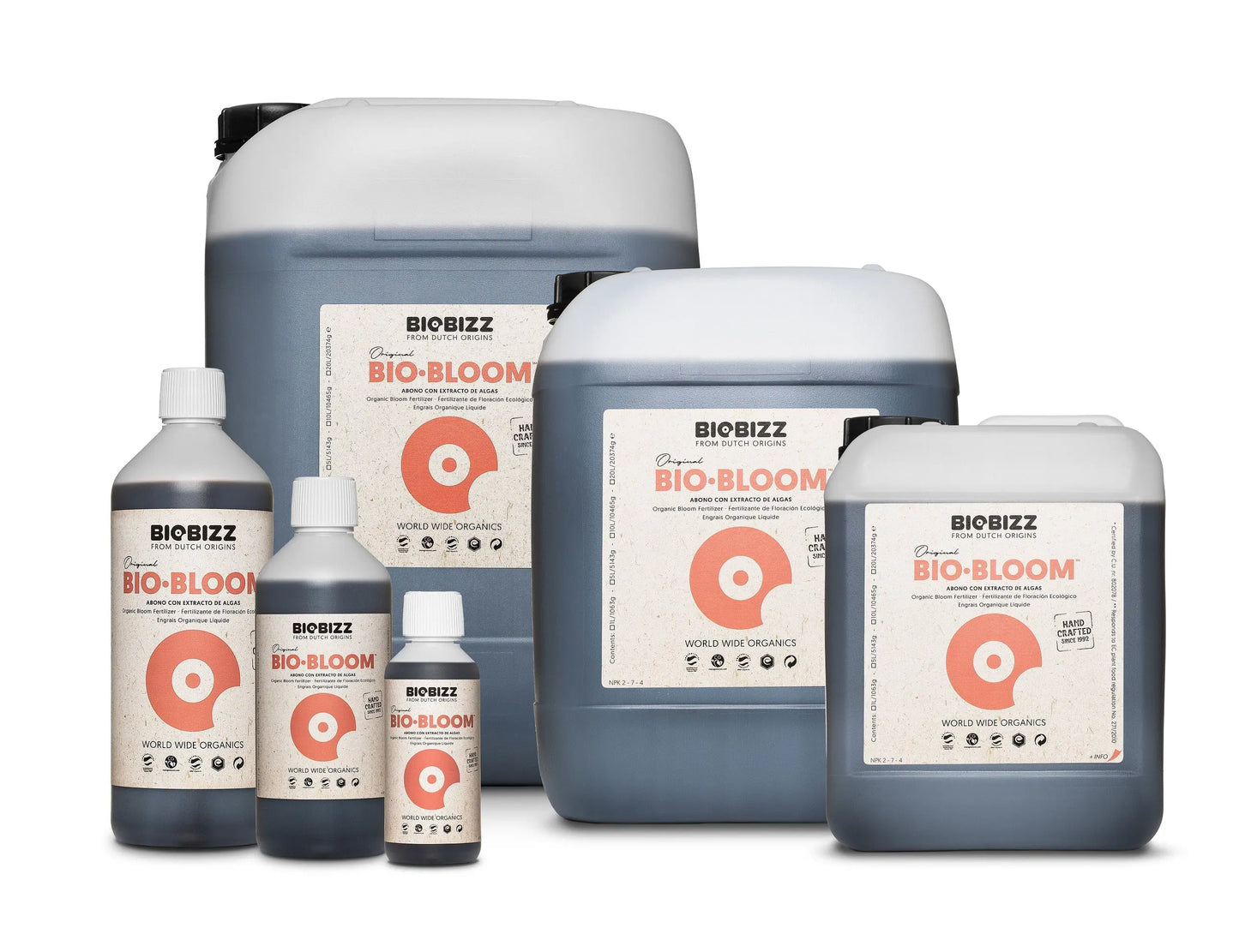 BioBizz Organic Bio-Bloom liquid fertilizer bottles and containers in various sizes