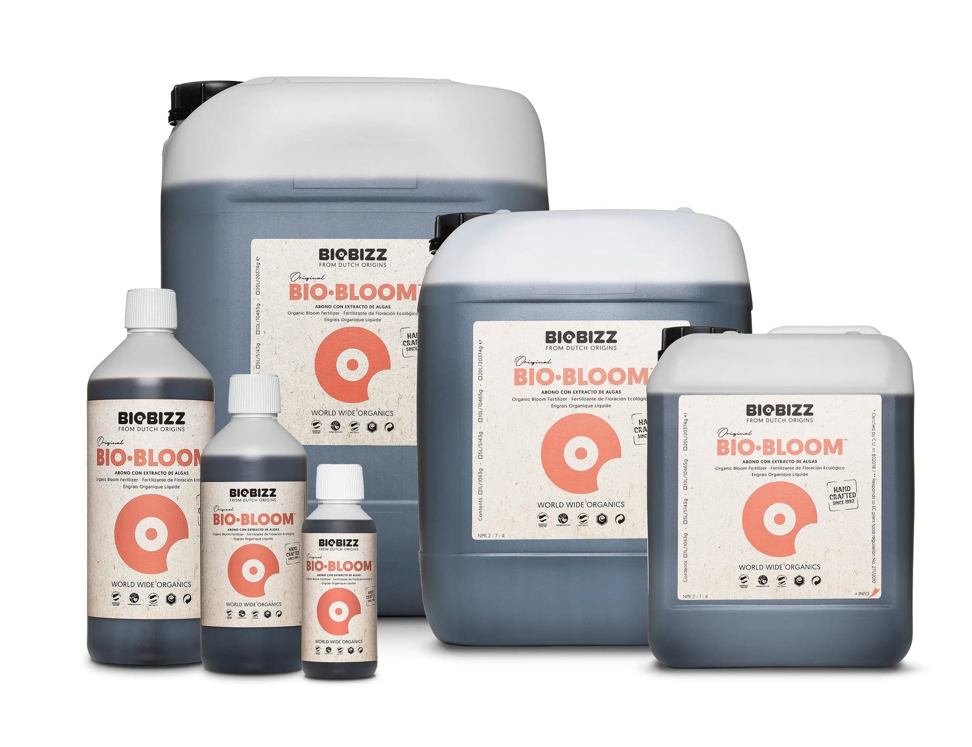 BioBizz Organic Bio-Bloom liquid fertilizer bottles and containers in various sizes