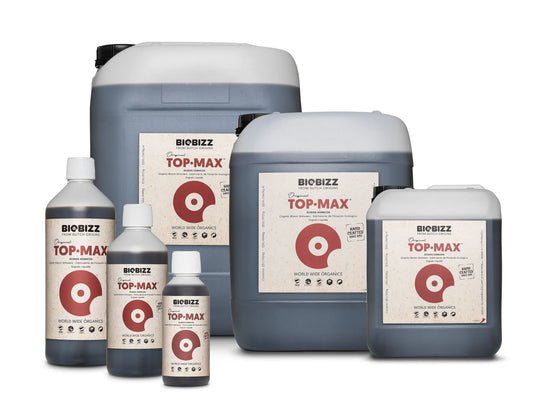Biobizz Top-Max organic bloom stimulant bottles and containers in various sizes on white background