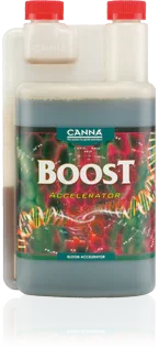 Canna Boost Accelerator 1L plant nutrient bottle with green liquid and red caps