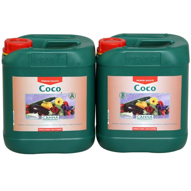 Two green 5L containers of Canna Coco A and B premium quality plant nutrients with vegetable and flower images