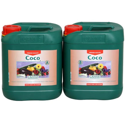 Two green 5L containers of Canna Coco A and B premium quality plant nutrients with vegetable and flower images