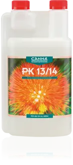Canna PK 13/14 liquid fertilizer bottle with orange flower graphic and red caps