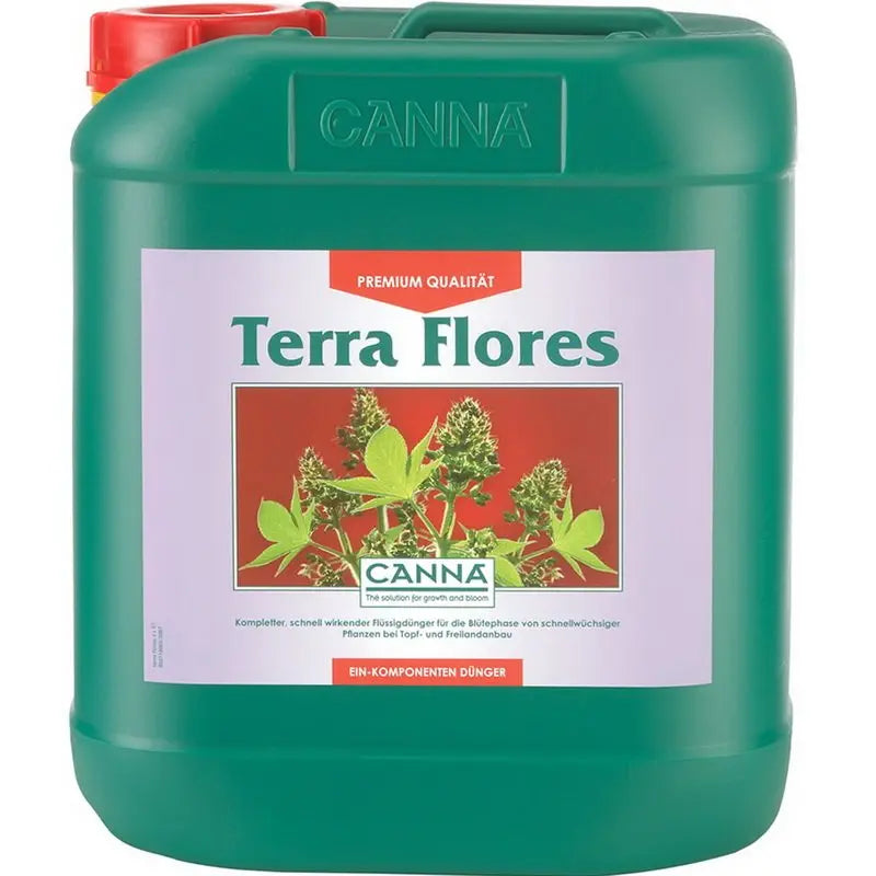 5L green container of CANNA Terra Flores premium liquid fertilizer for flowering plants