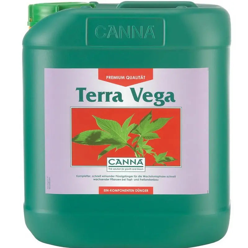 Green 5L CANNA Terra Vega liquid fertilizer container with plant graphic and German text