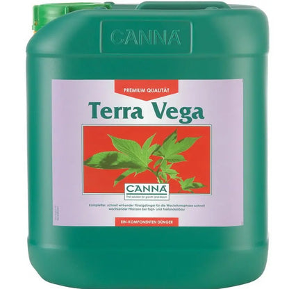 Green 5L CANNA Terra Vega liquid fertilizer container with plant graphic and German text