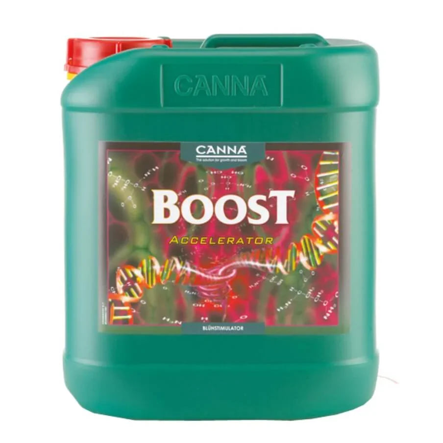 Green 5-liter container of CANNA Boost plant growth accelerator with colorful DNA strand label