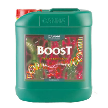 Green 5-liter container of CANNA Boost plant growth accelerator with colorful DNA strand label