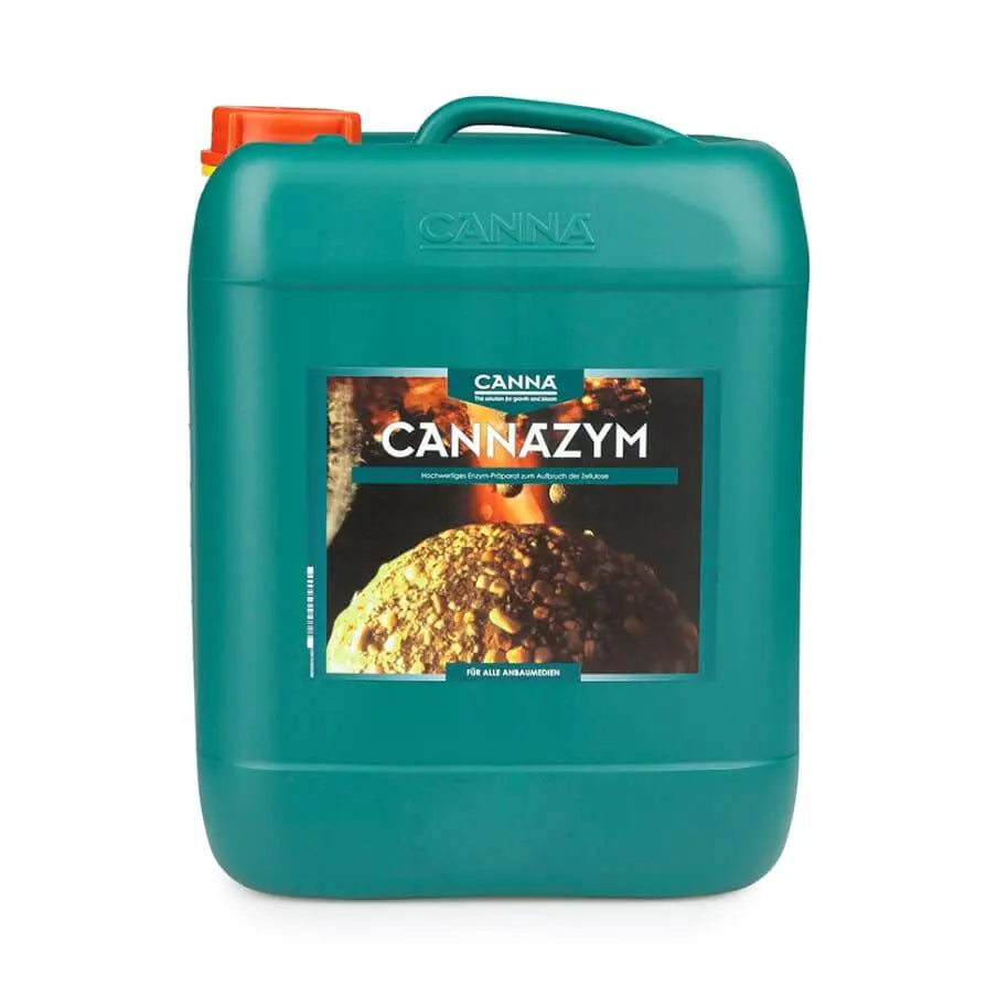 5-liter green container of Canna Cannazym enzyme supplement with orange cap and label