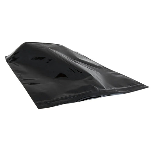 Glossy black foil bag pouch with resealable zipper on white background