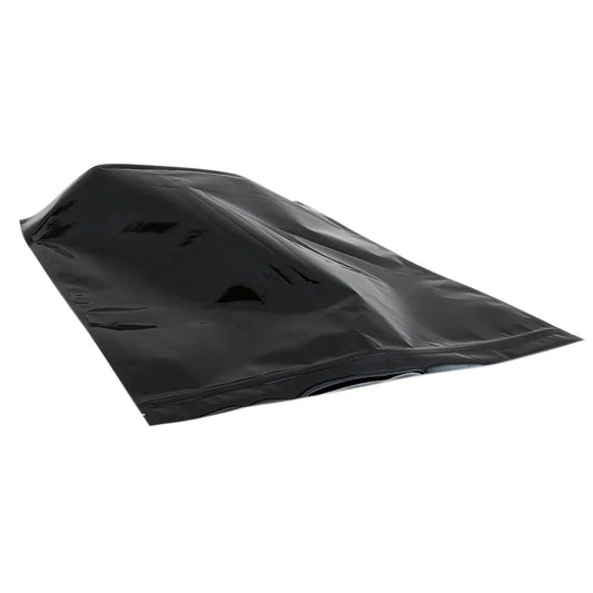 Glossy black foil bag pouch with resealable zipper on white background