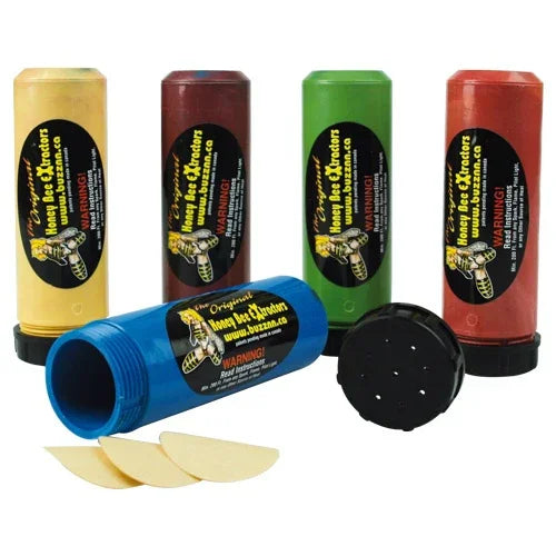 Reusable bee sting relief tubes in yellow, brown, green, red, and blue with bee logo and warning labels