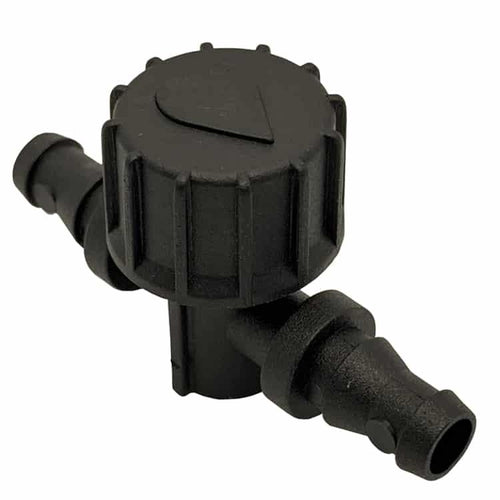 Black inline tap valve with textured grip and hose connectors on both ends