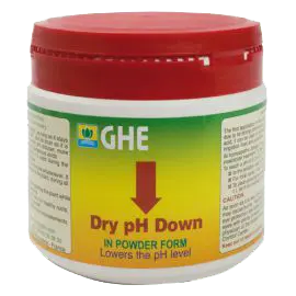 Container of GHE Dry pH Down powder with red lid and yellow label lowering pH level