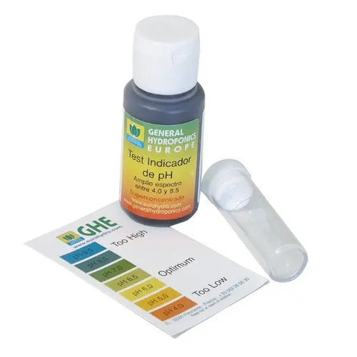 General Hydroponics Europe pH test indicator bottle with color chart and clear plastic dropper for water testing